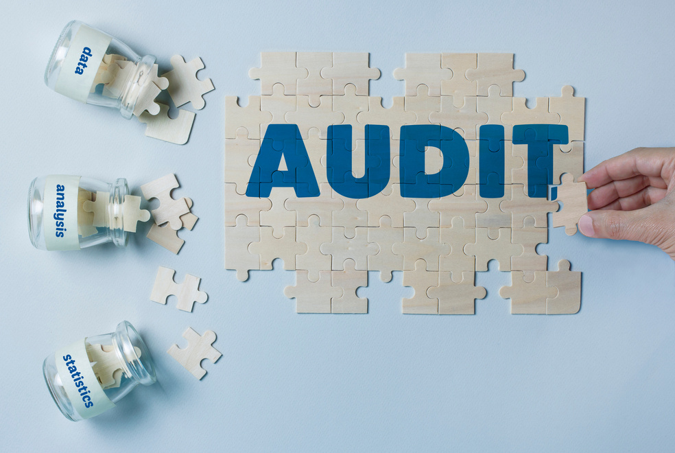 jigsaw puzzle with the word audit on blue background